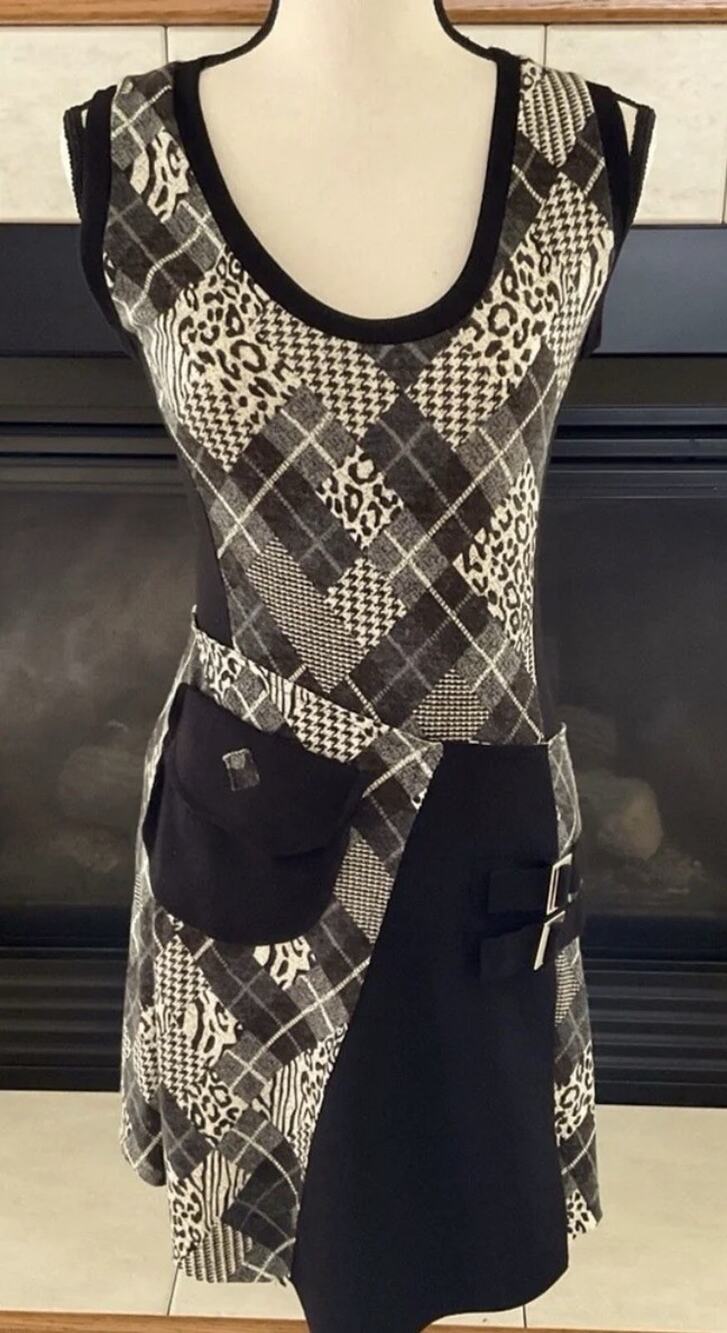 Y2K Papillon Whimsigoth Dress L Mixed Print Patchwork Plaid Leopard Buckle Mini